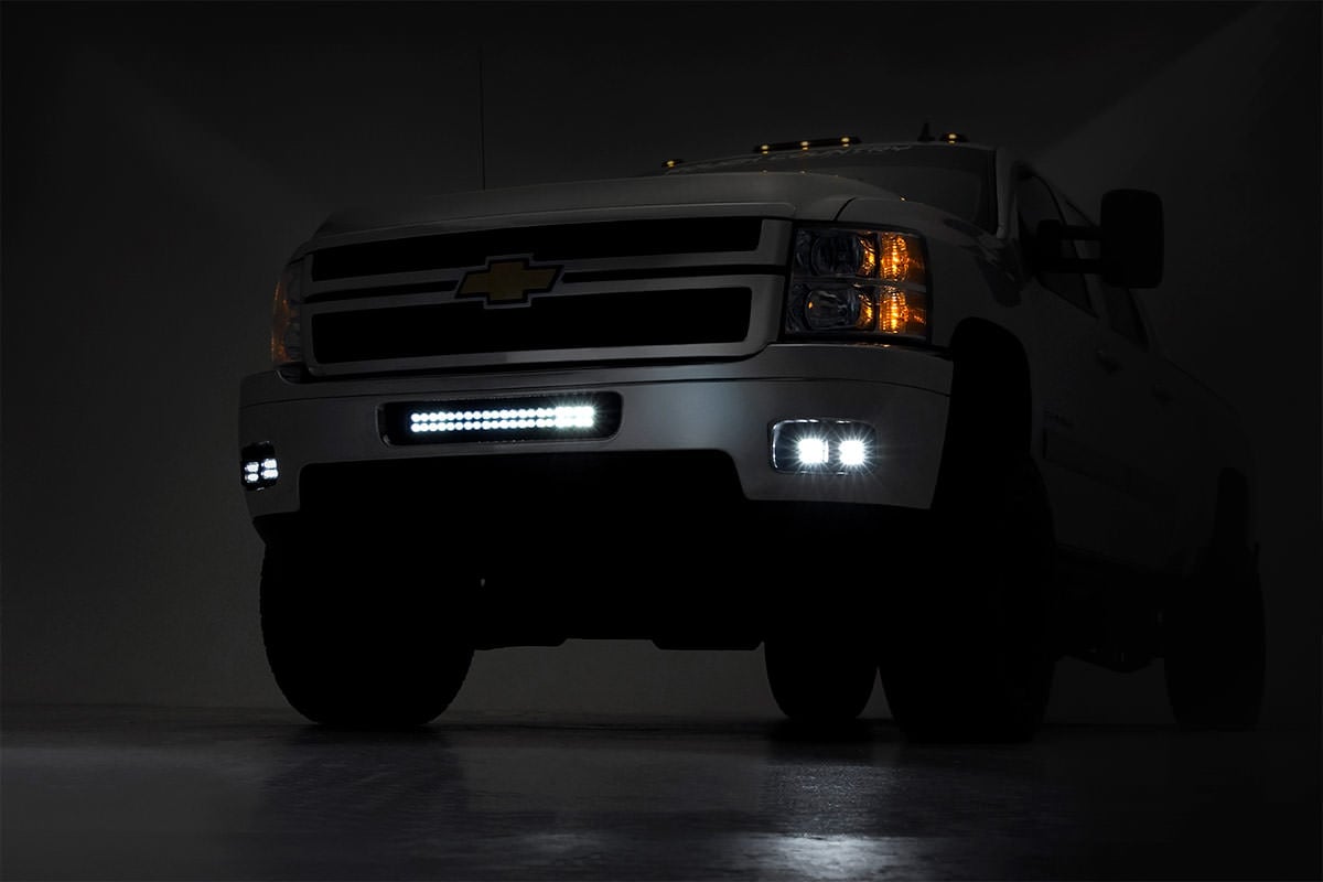LED Light Kit Fog Mount 2 Inch Black Pair White DRL Chevy Silverado 2500 HD/3500 HD (11-14) Rough Country