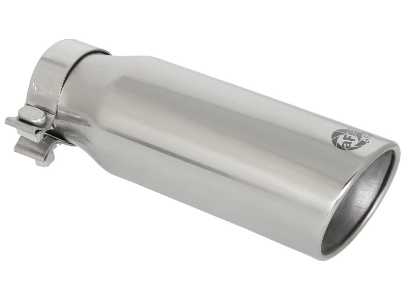 Afe MACH Force-Xp universal exhaust tip with a 3-inch inlet, 4-inch outlet, and 12-inch length in polished stainless steel.