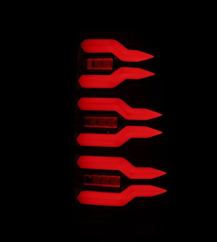 AlphaRex LUXX-Series LED tail lights for 99-06 Chevrolet Silverado and GMC Sierra in black and red design.
