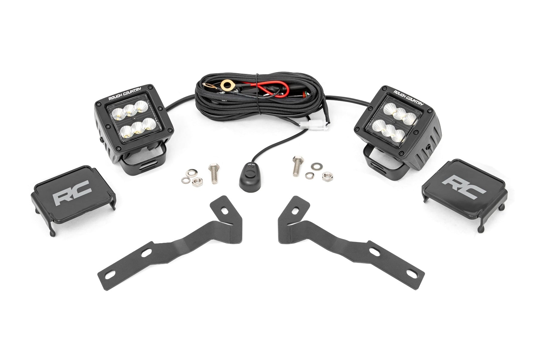 LED Light Kit Ditch Mount 2 Inch Black Pair Flood Toyota Tacoma (16-23) Rough Country
