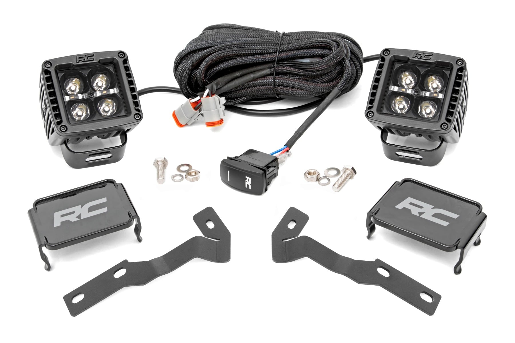 LED Light Kit Ditch Mount 2 Inch Black Pair White DRL Toyota Tacoma (05-15) Rough Country