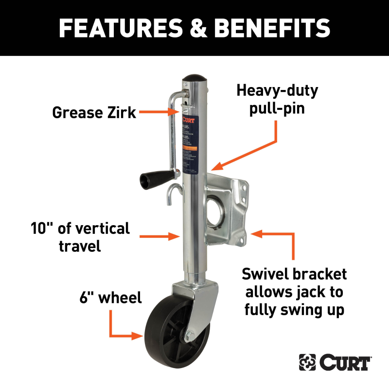 CURT Marine Trailer Jack with 6" Wheel 1,000 lbs, 10" Travel Model 25003