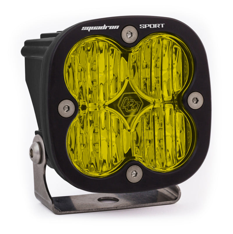 Baja Designs Squadron Sport Wide Cornering Amber LED light pod with a durable black housing and metal mounting bracket.