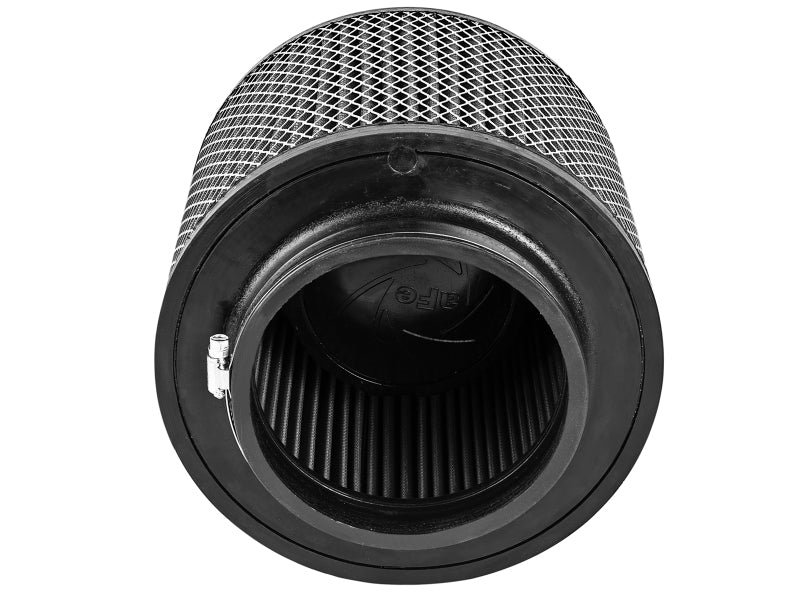 Afe Magnum FORCE replacement air filter featuring a cylindrical design with expanded metal and a black rubber base.