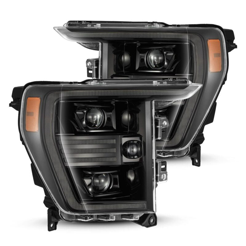 AlphaRex PRO-Series projector headlights for 21-22 Ford F150 in black, featuring sequential signals and active lighting.