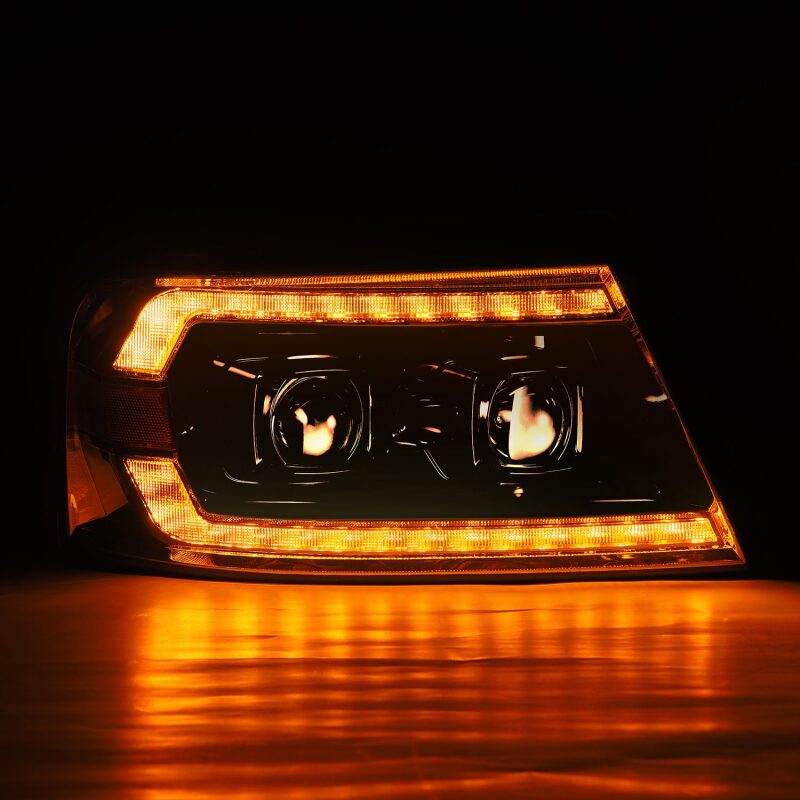 AlphaRex 04-08 Ford F150 Chrome LUXX Series Projector headlights with LED accents, designed for enhanced visibility and style.
