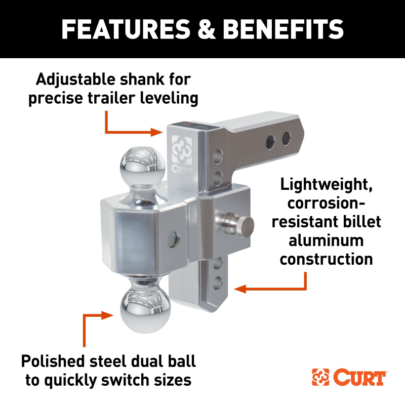 CURT AlumaLite Adjustable Aluminum Hitch with Dual Ball, 5-1/2" Drop Model 45363