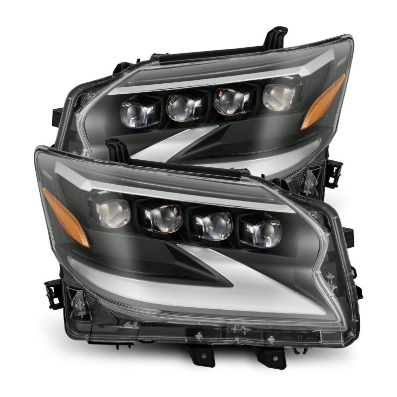 AlphaRex NOVA LED projector headlights for 14-19 Lexus GX 460 in black with sequential signal and active light features.