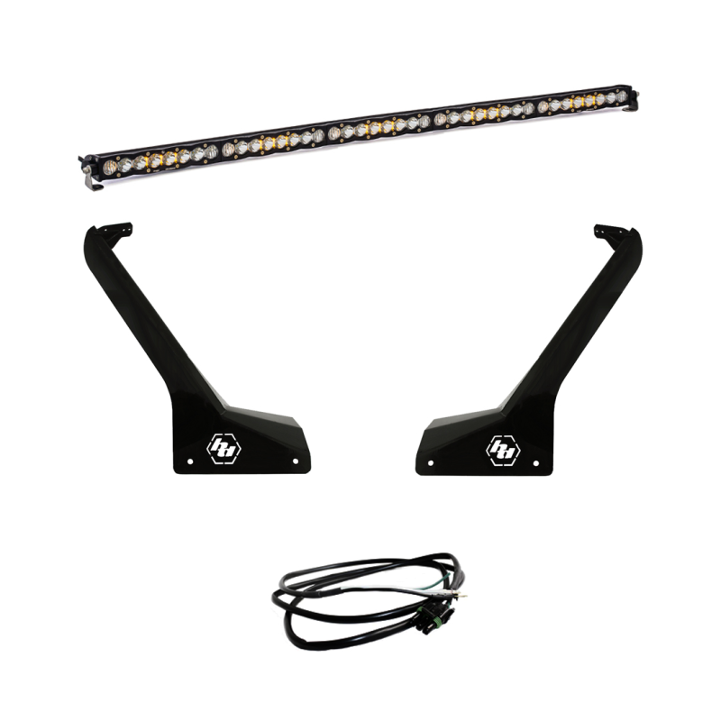 Baja Designs 50-inch S8 LED light bar kit for Jeep JL/JT with mounting brackets and wiring harness for enhanced visibility.