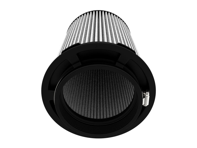 Inverted air filter with a cylindrical design, featuring a pleated filter element and a black base for enhanced airflow.