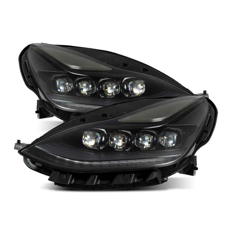 AlphaRex NOVA LED projector headlights for 2017-2022 Tesla Model 3 and 2020-2023 Model Y in black with active lighting and sequential signals.