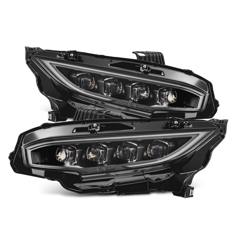 AlphaRex NOVA-Series LED projector headlights for 16-21 Honda Civic in black with activation light and sequential signals.
