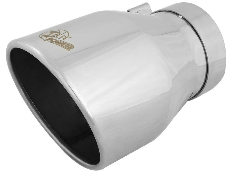 Polished afe MACH Force-Xp exhaust tip with 4-inch inlet, 6-inch outlet, and 9-inch length for enhanced performance.