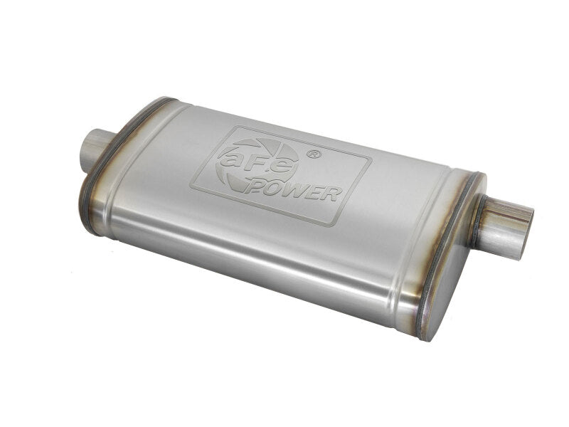 aFe MACH Force-Xp oval muffler with 3-inch inlet, 11-inch width, 5-inch height, and 22-inch length for enhanced exhaust flow.