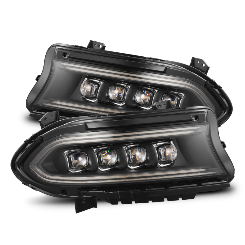 AlphaRex NOVA-Series LED projector headlights for 2015-2023 Dodge Charger, featuring black housing, activation light, and sequential signals.
