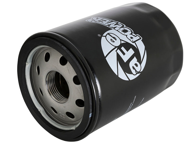 Afe ProGuard oil filter showcasing a black cylindrical design with a silver threaded base and perforated exterior.