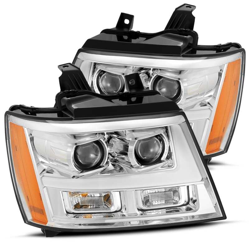AlphaRex LUXX Series LED projector headlights for 2007-2014 Chevrolet Tahoe/Suburban in chrome with DRL and sequential features.