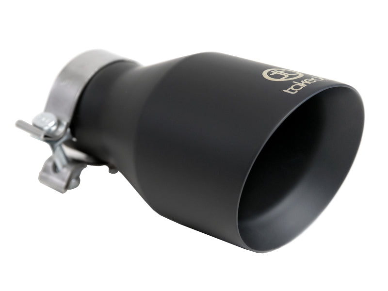 AFE Takeda universal exhaust tip featuring a 3-inch inlet, 5-inch outlet, and 9-inch length, with a sleek black finish.