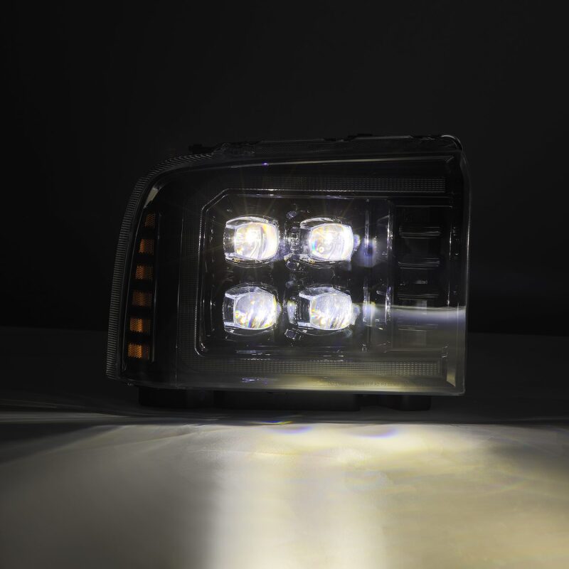 AlphaRex NOVA-Series LED projector headlights for 05-07 Ford Super Duty/Excursion in black with active lighting feature.