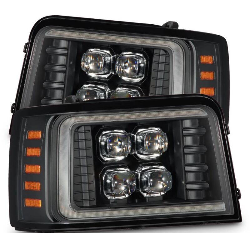 AlphaRex NOVA-Series LED projector headlights for 92-96 Ford F-Series and Bronco, featuring sequential signals and daytime running lights.