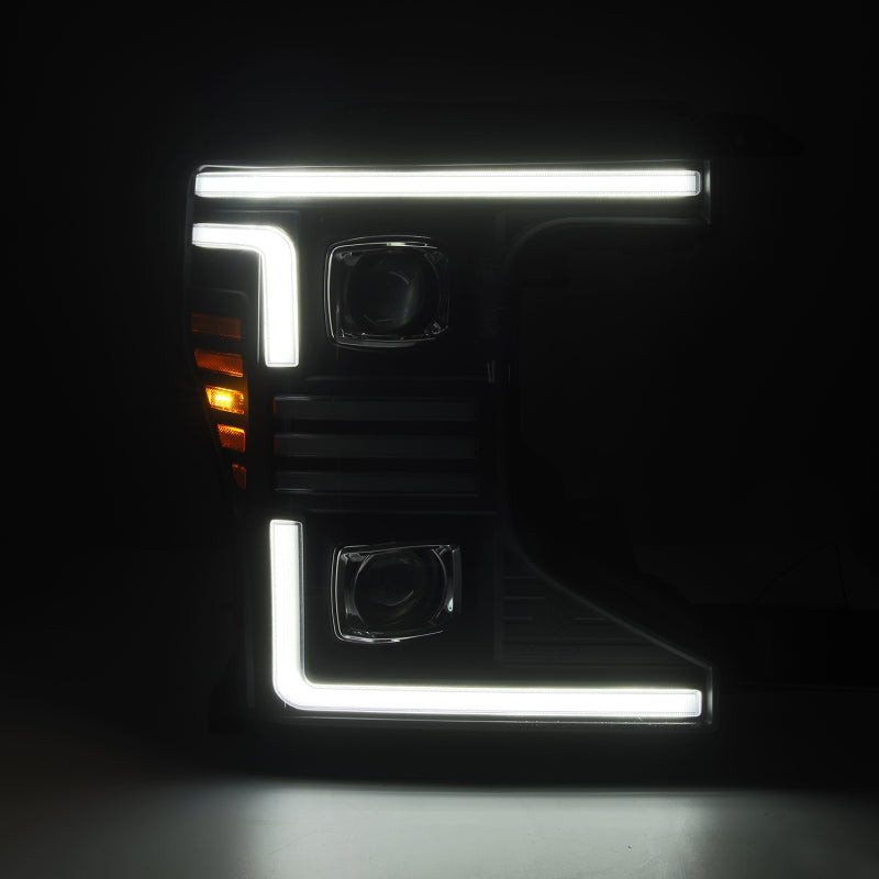 AlphaRex 20-22 Ford F150 Pro-Series projector headlights in black featuring activation light, sequential signal, and DRL.