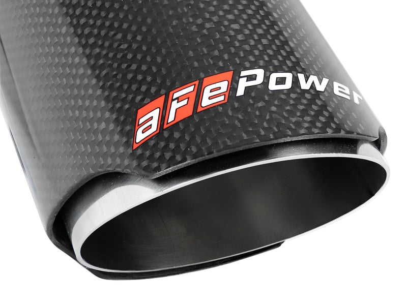 aFe MACH Force-Xp universal exhaust tip featuring a 2-1/2 inch inlet, 3-1/2 inch outlet, and 7 inch length with a sleek design.