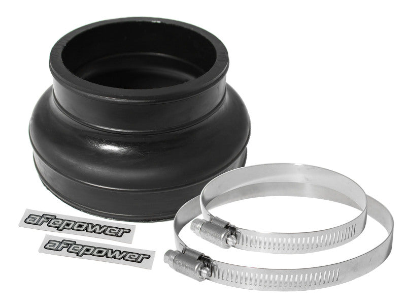 Black afe Magnum FORCE Intake Coupling Kit featuring a straight reducer, two clamps, and afe power stickers.