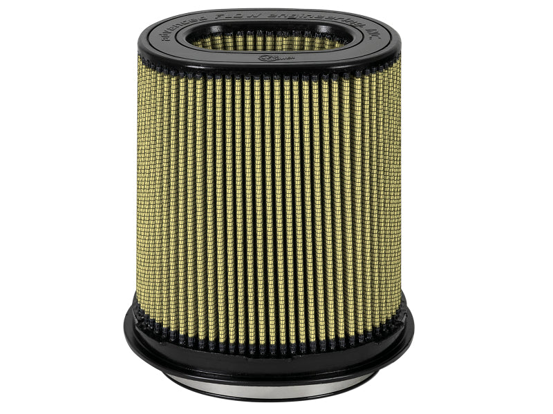 afe Momentum replacement air filter with a cylindrical design, featuring a black base and pleated gold filter media.