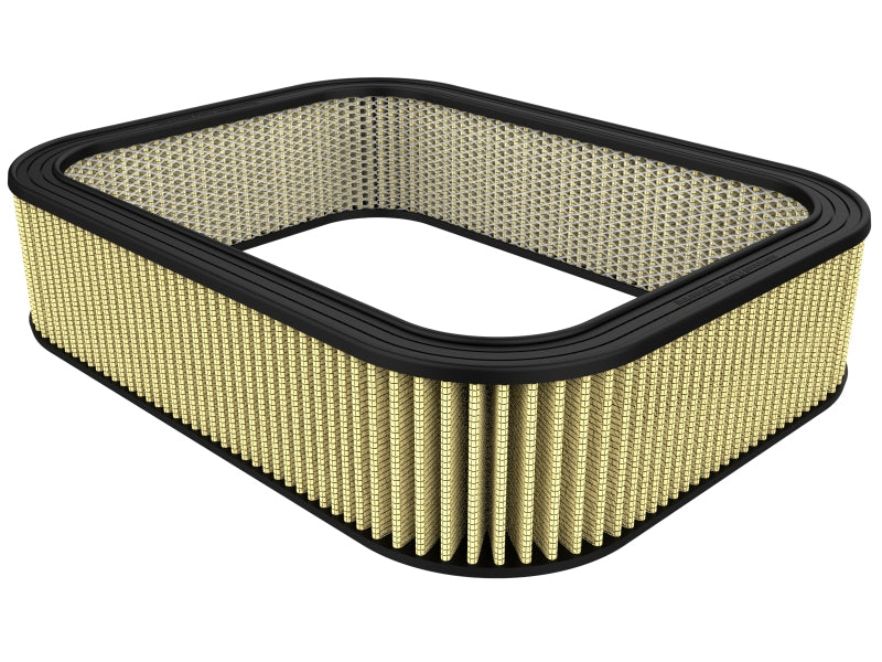 Custom afe Magnum FLOW air filter measuring 20-1/4 inches long, 16-3/8 inches wide, and 5-1/4 inches high with expanded metal.