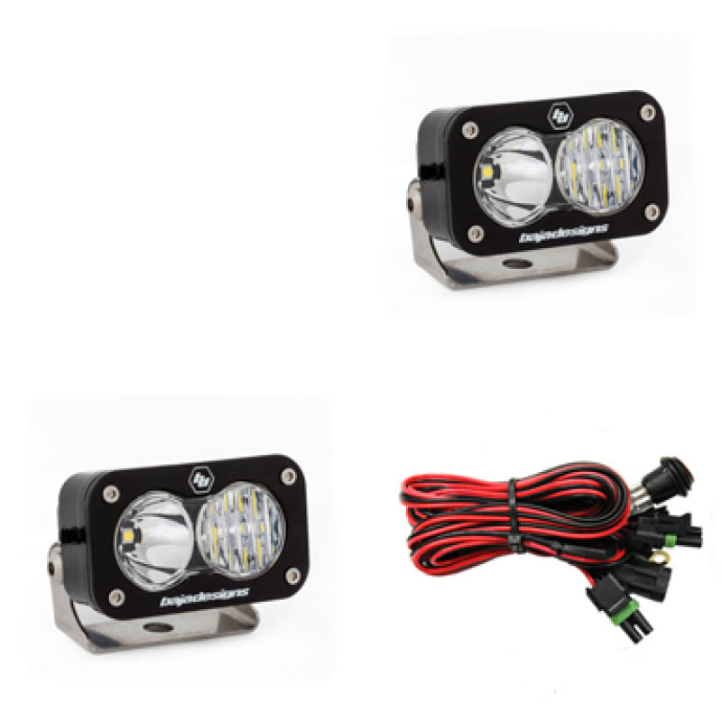 Baja Designs S2 Pro Series LED light pods with driving combo pattern, includes a pair and wiring harness for installation.