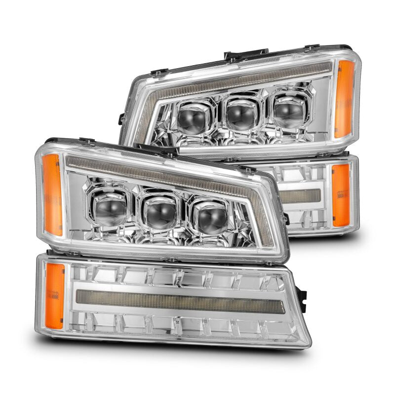 AlphaRex Chrome NOVA LED projector headlights for 03-06 Chevy Silverado and Avalanche, featuring modern design and enhanced visibility.