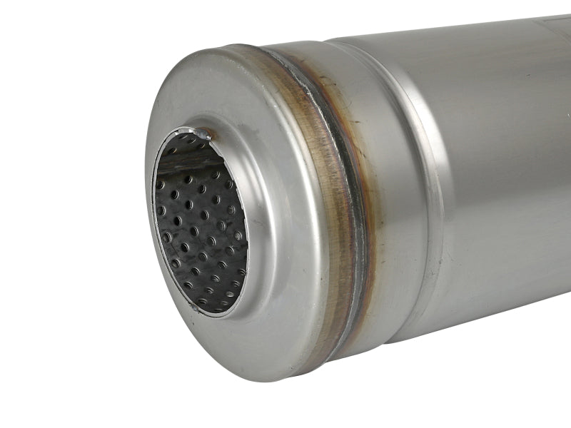 Afe MACH Force-Xp muffler featuring a round body design with a 2-1/2 inch inlet, 9 inch diameter, and 14 inch length.