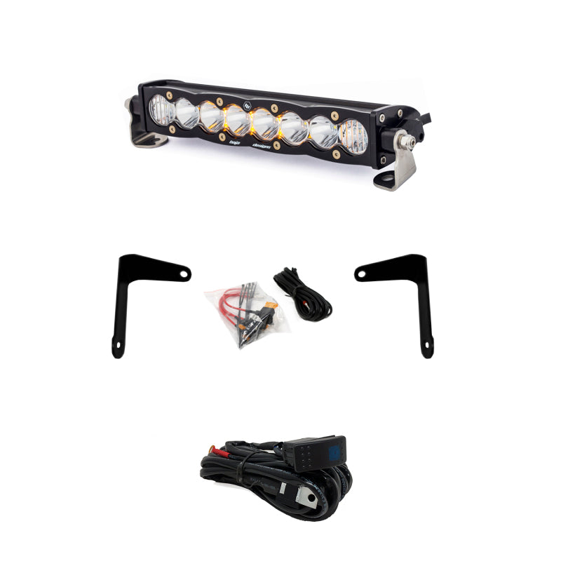 Baja Designs Can-Am X3 Shock Mount Kit with 10-inch S8 light bar, including mounting brackets and wiring harness.