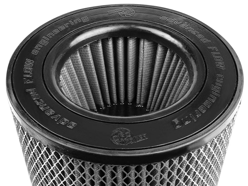 afe Magnum FORCE replacement air filter featuring a cylindrical design with expanded metal, measuring 5.5 inches front, 9 inches back, and 7 inches high.