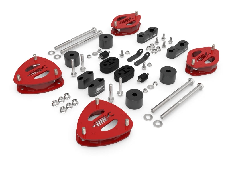 aFe 18-23 Subaru Crosstrek CONTROL 1.5in Lift Kit components including spacers, bolts, and hardware for enhanced off-road performance.