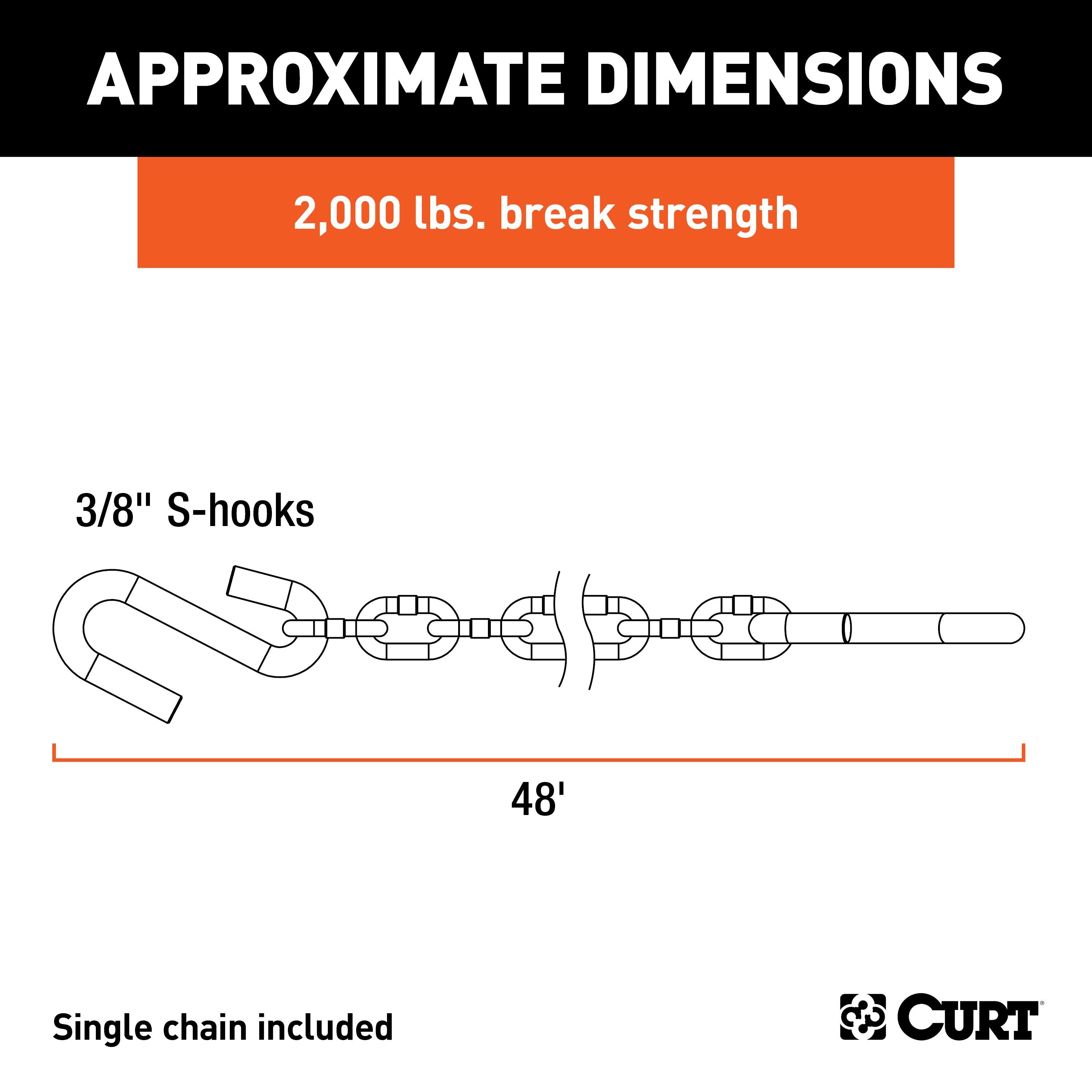 CURT 48-Inch Trailer Safety Chain with 3/8-In S-Hooks, 2,000 lbs Break Strength Model 80011