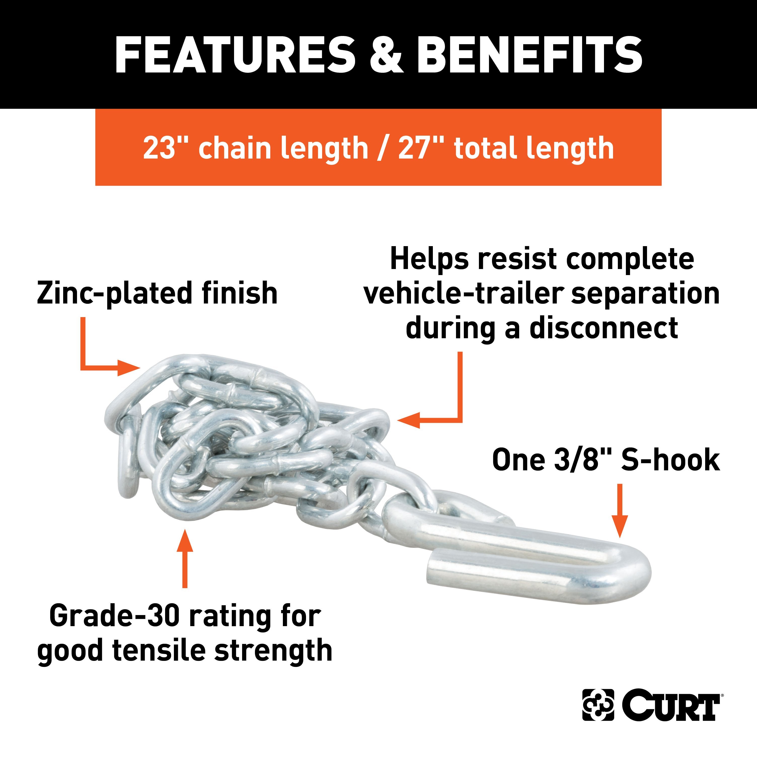 CURT 27-Inch Trailer Safety Chain with 3/8-In S Hook, 2,000 lbs Break Strength Model 80020