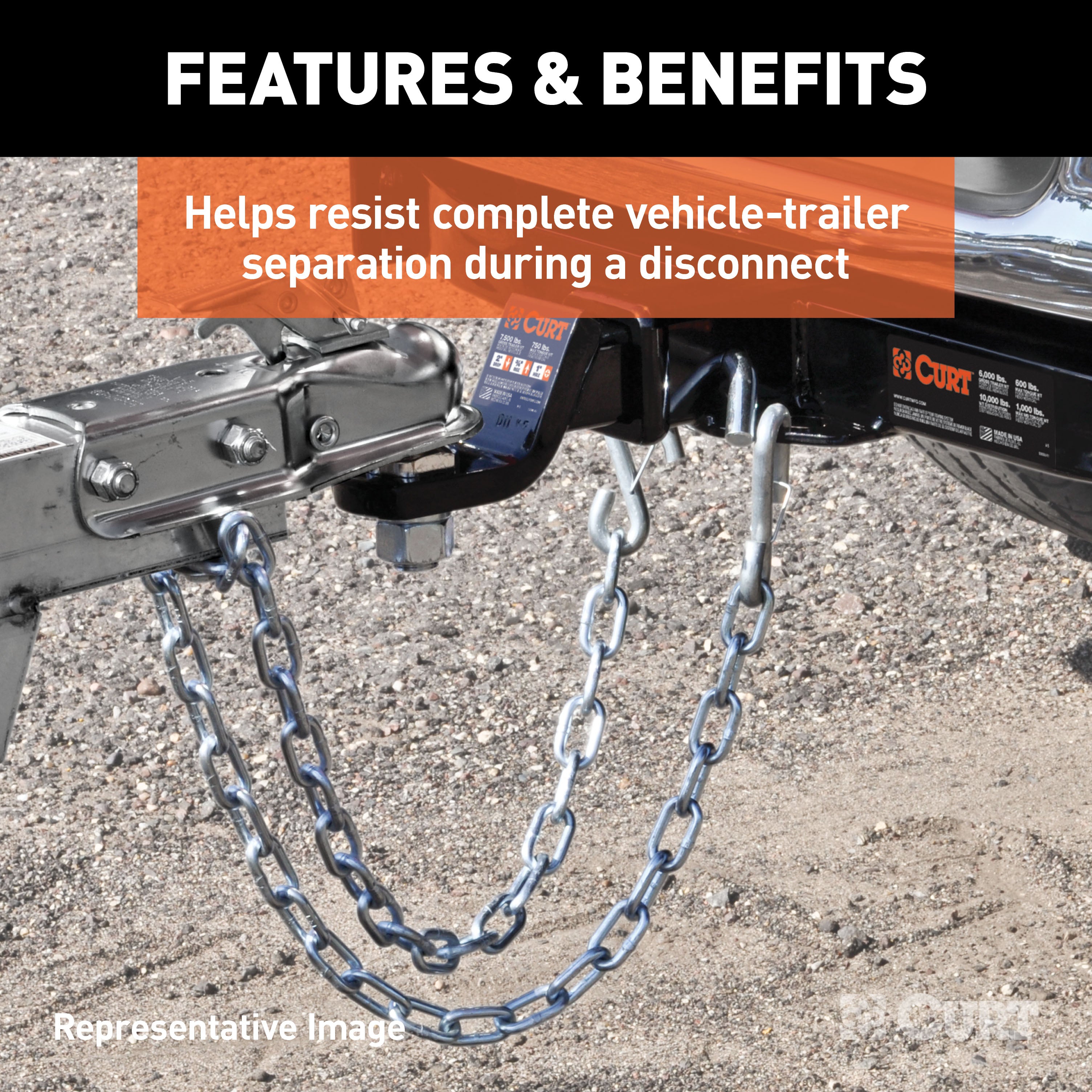 CURT 48-Inch Trailer Safety Chain with 7/16-In S-Hooks, 5,000 lbs Break Strength Model 80030