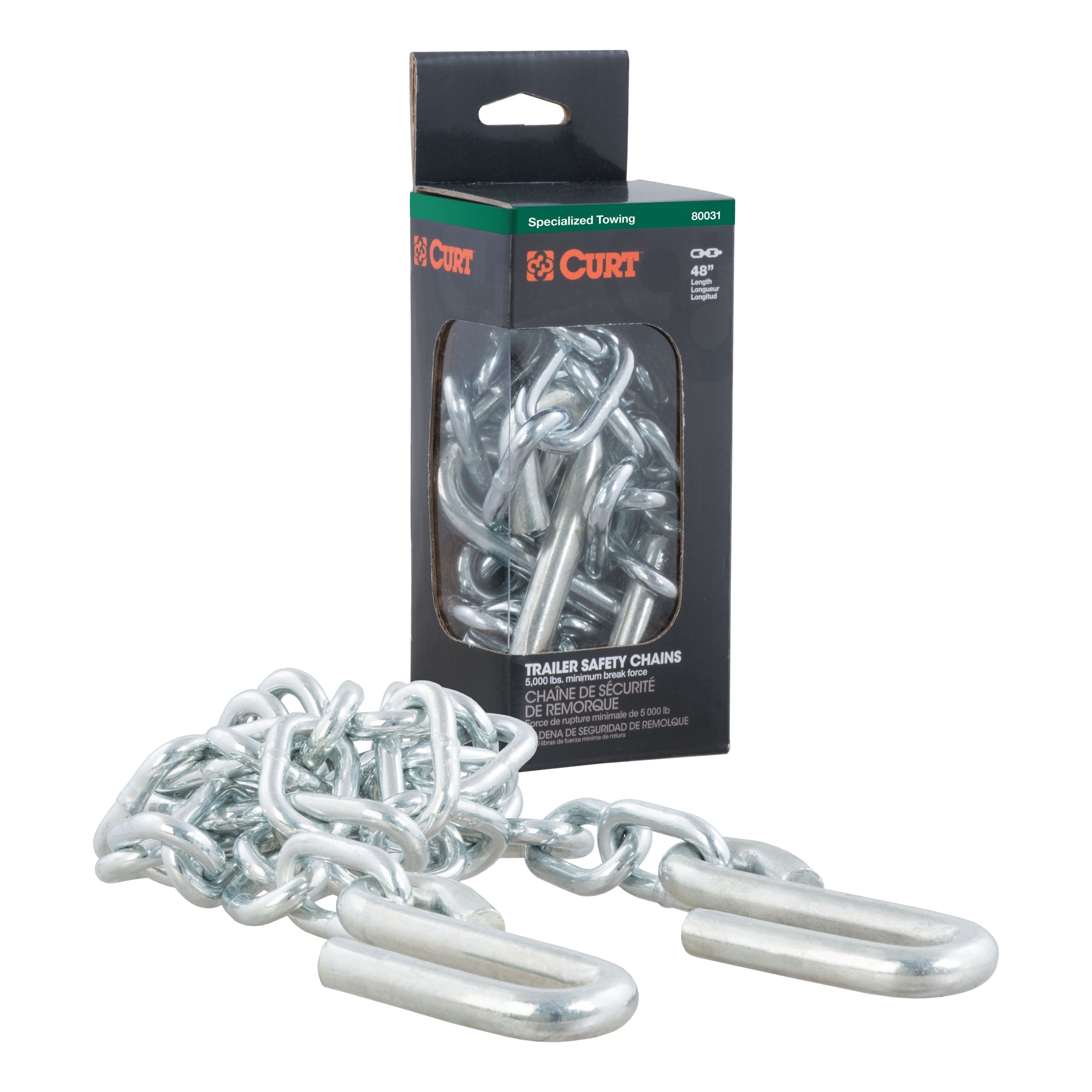 CURT 48-Inch Trailer Safety Chain with 7/16-In S-Hooks, 5,000 lbs Break Strength Model 80031