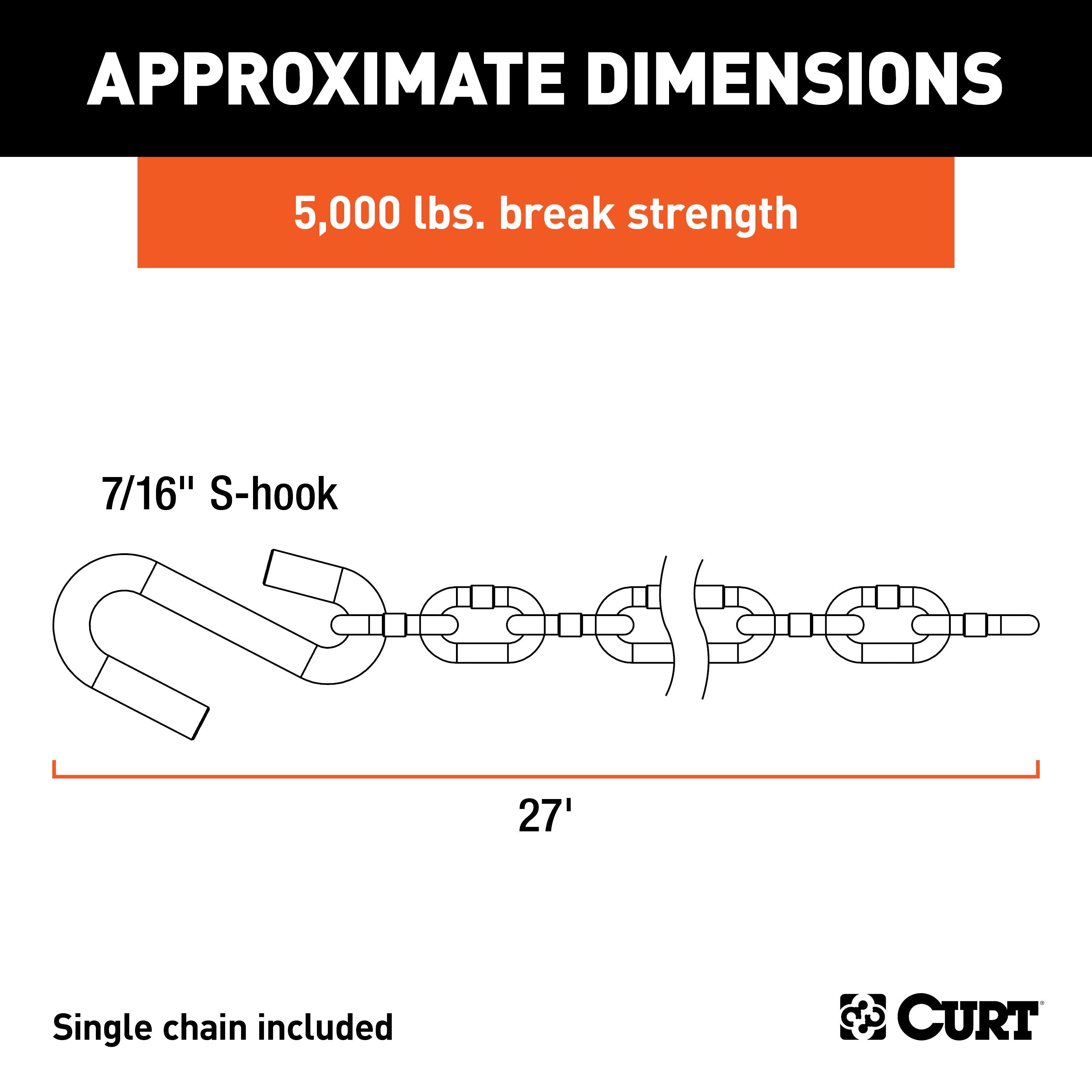 CURT 27-Inch Trailer Safety Chain with 7/16-In S-Hooks, 5,000 lbs Break Strength Model 80040