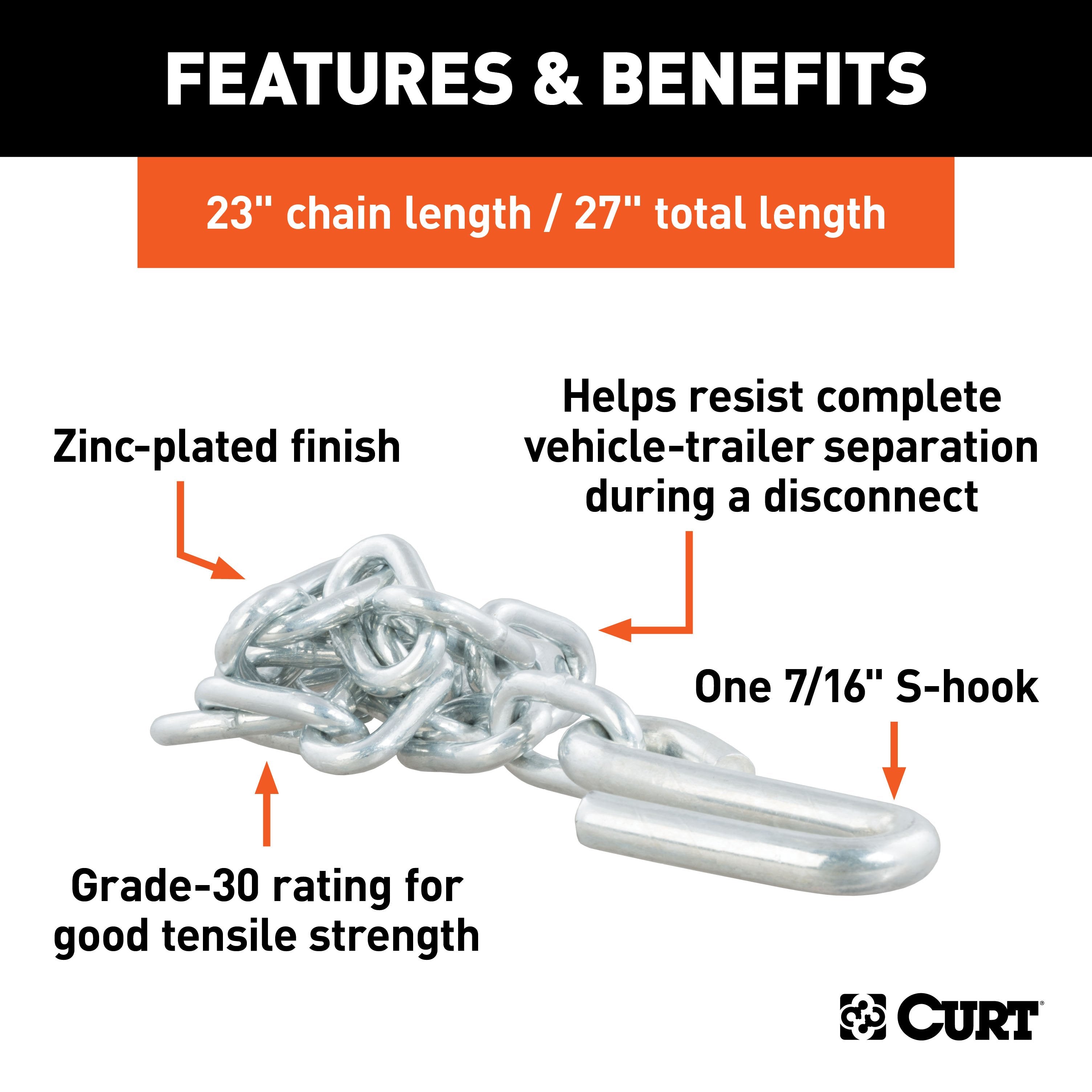 CURT 27-Inch Trailer Safety Chain with 7/16-In S-Hooks, 5,000 lbs Break Strength Model 80040