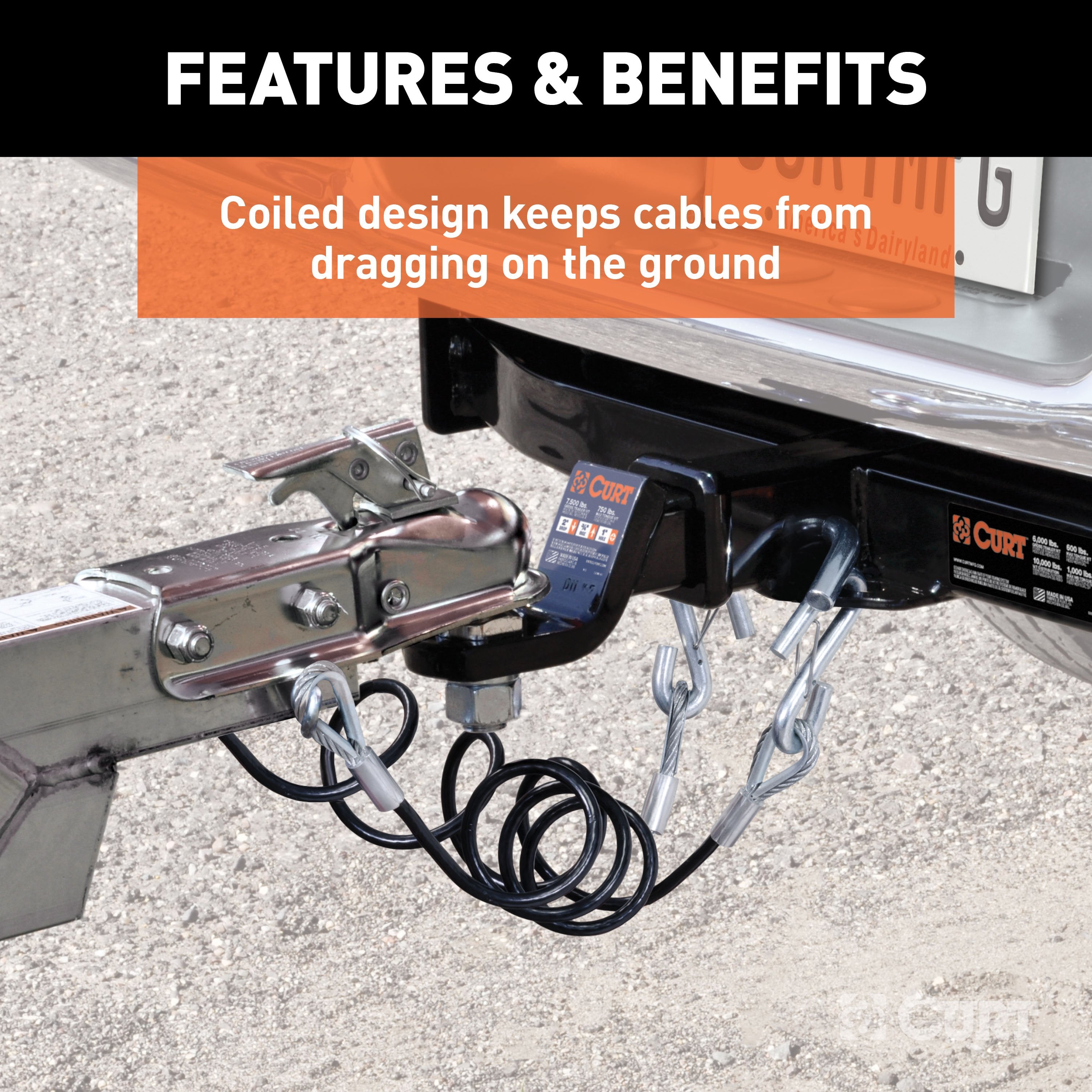CURT 43-7/8-Inch Vinyl-Coated Trailer Safety Cables, 3/8-In Snap Hooks, 3,500 lbs Break Strength, 2-Pack Model 80136