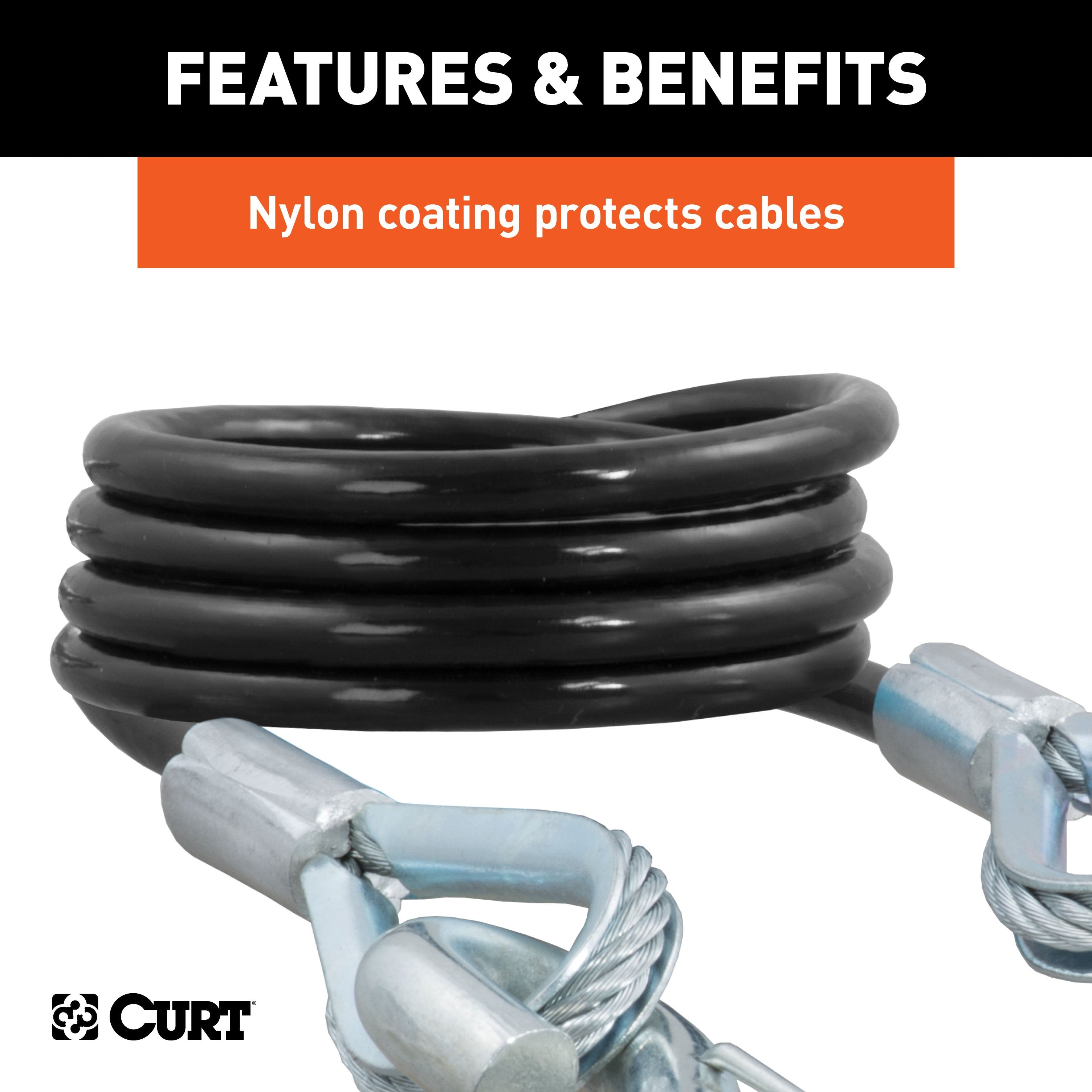 CURT 43-7/8-Inch Vinyl-Coated Trailer Safety Cables, 3/8-In Snap Hooks, 3,500 lbs Break Strength, 2-Pack Model 80136