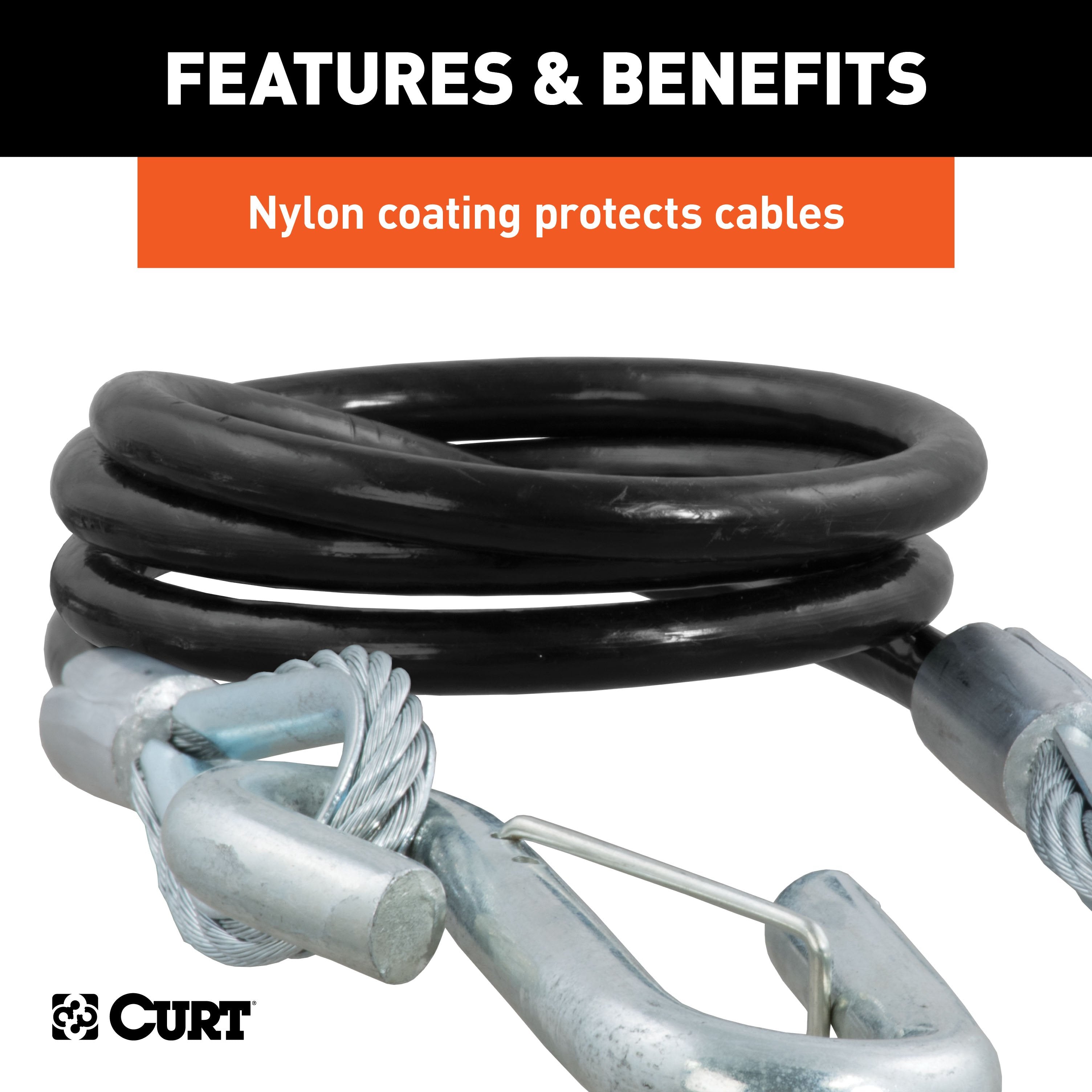 CURT 44-1/2-Inch Vinyl-Coated Trailer Safety Cables, 7/16-In Snap Hooks, 5,000 lbs Break Strength, 2-Pack Model 80151
