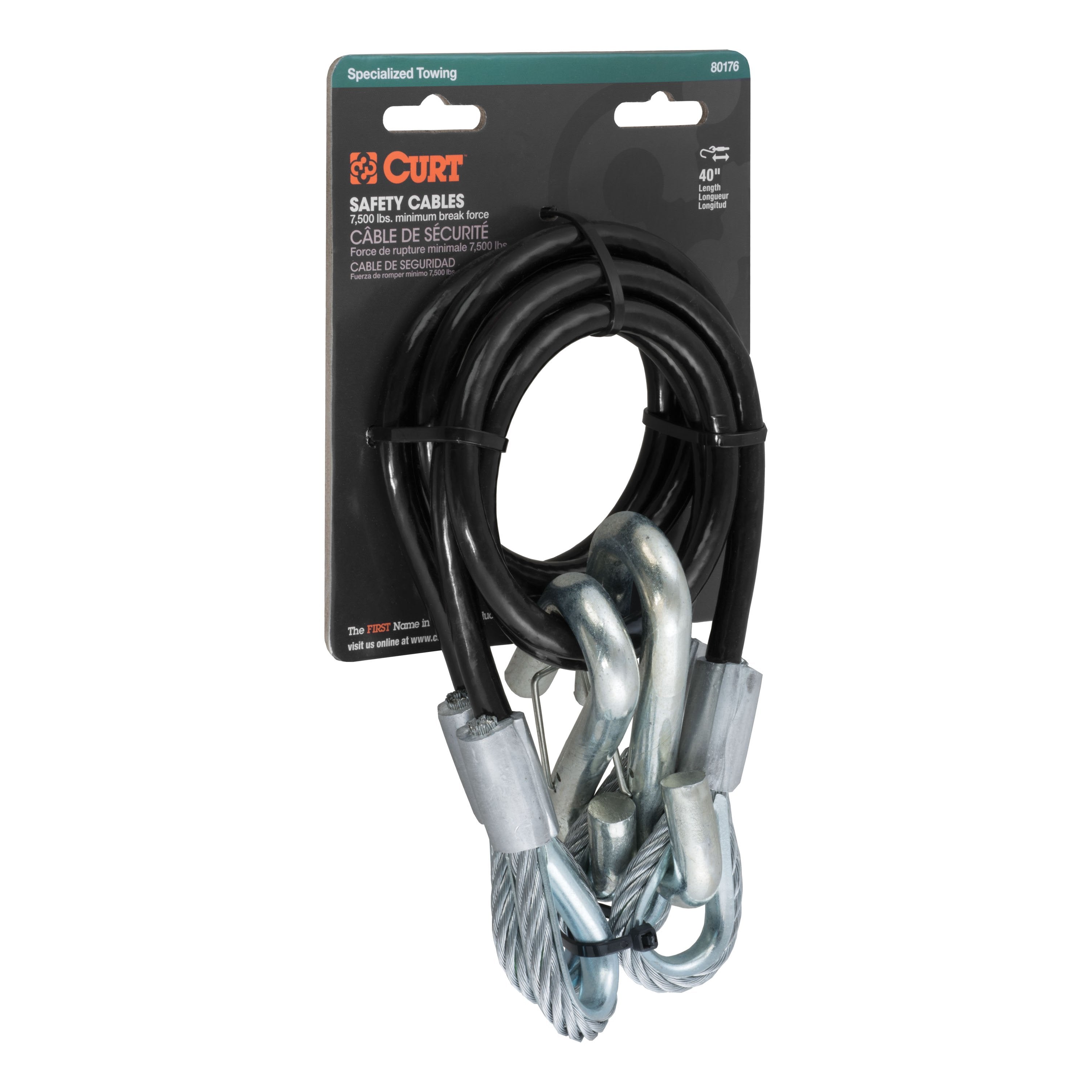 CURT 44-Inch Vinyl-Coated Trailer Safety Cables, 17/32-In Snap Hooks, 7,500 lbs Break Strength, 2-Pack Model 80176