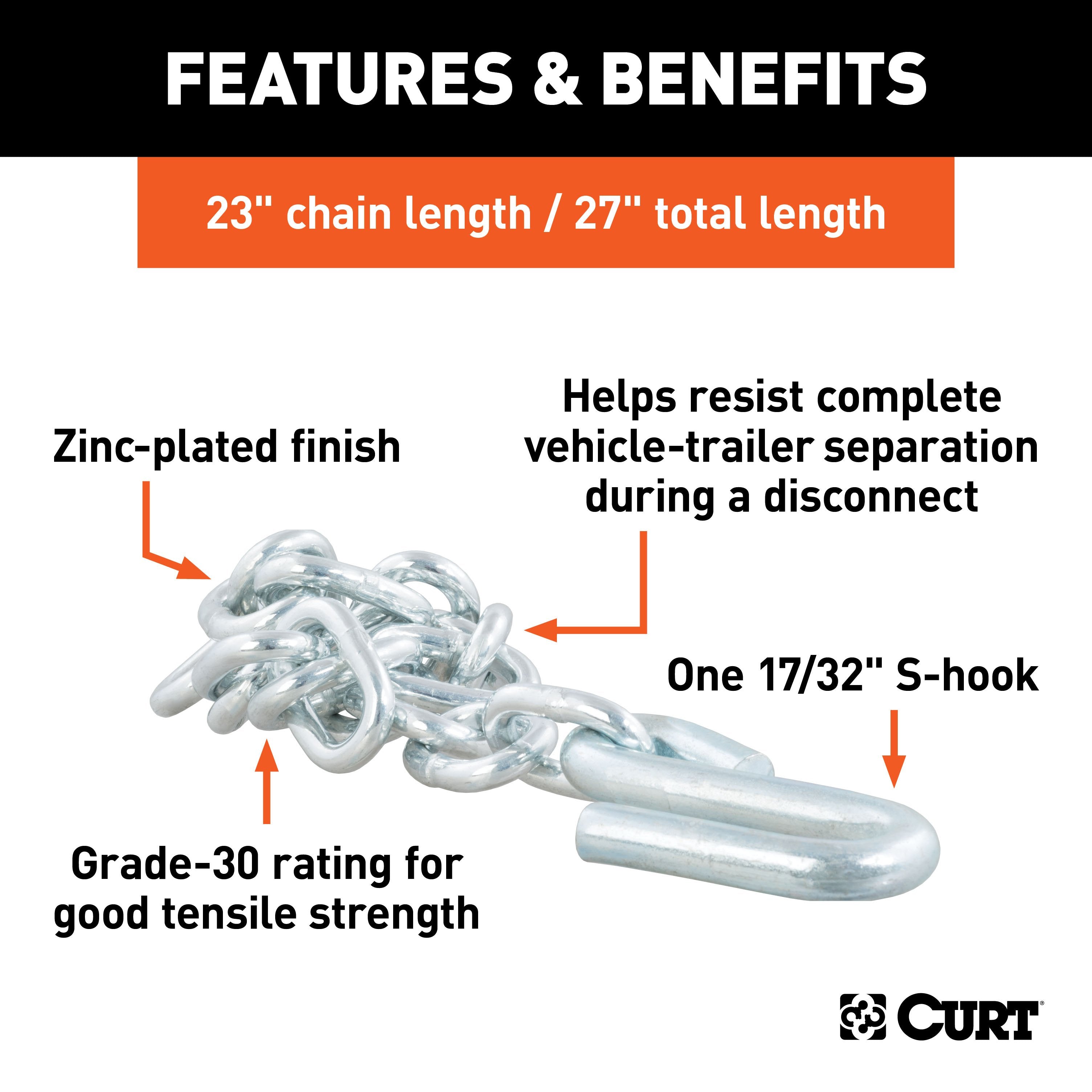 CURT 27-Inch Trailer Safety Chain with 17/32-In S-Hook, 7,000 lbs Break Strength Model 80300