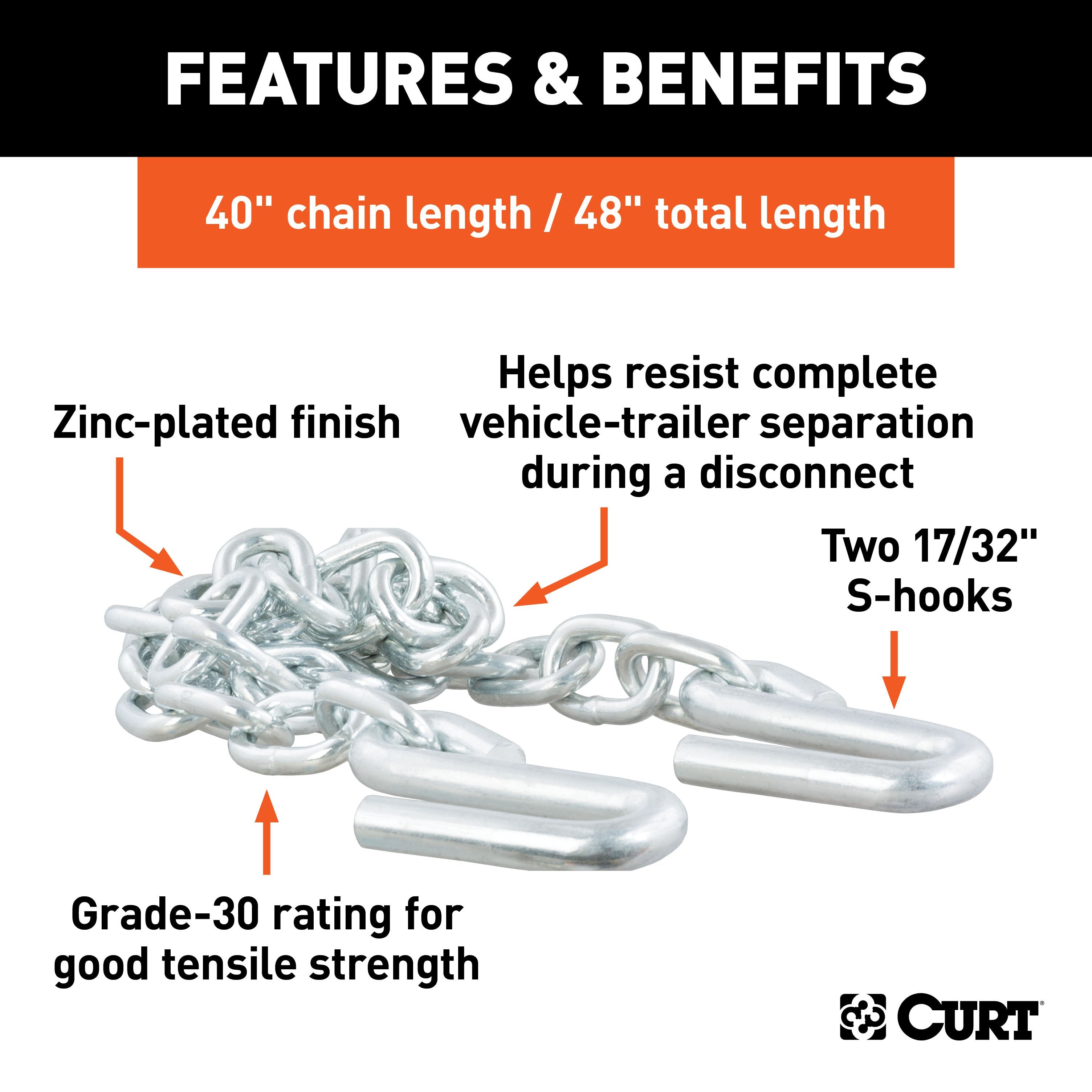 CURT 48-Inch Trailer Safety Chain with 17/32-In S-Hooks, 7,000 lbs Break Strength Model 80301