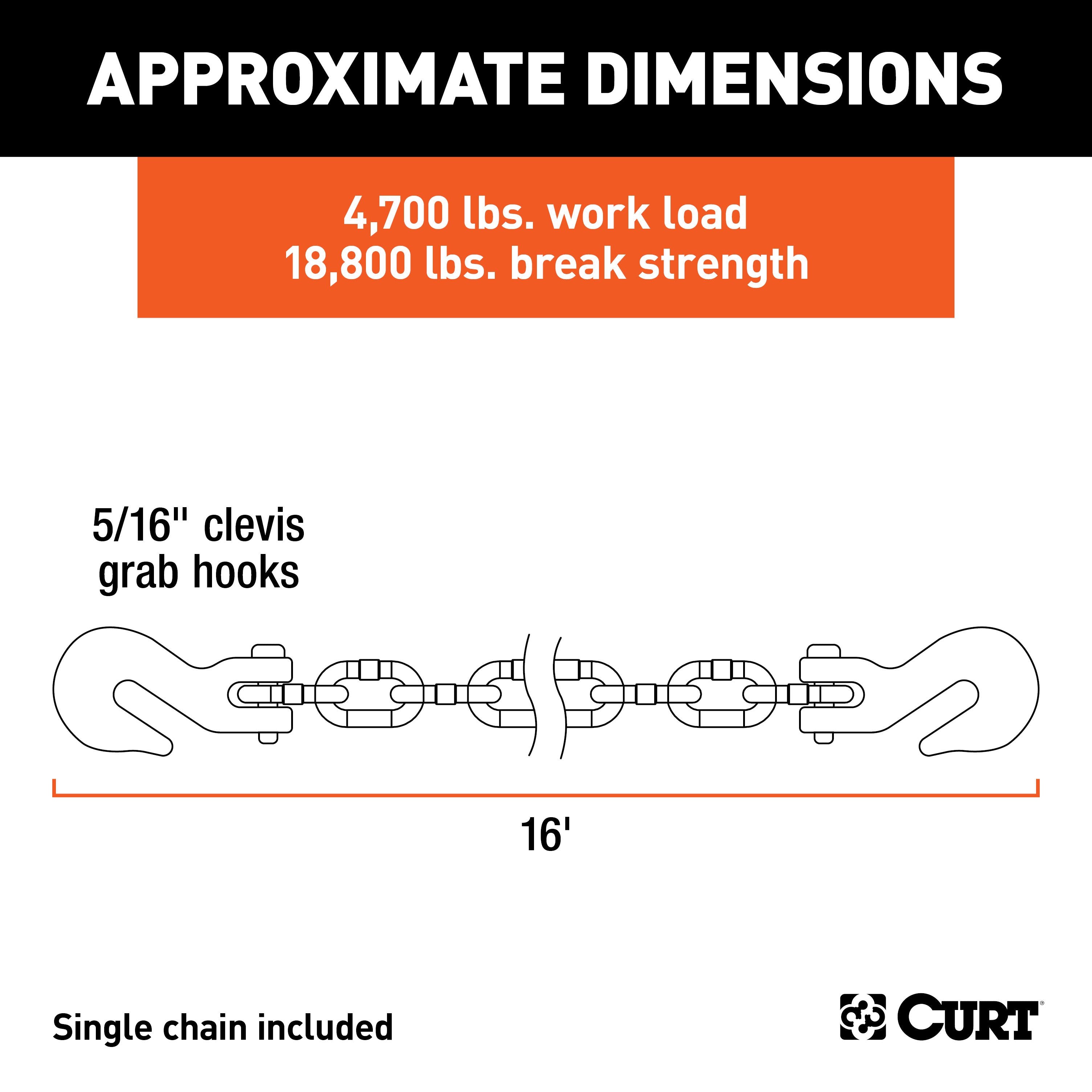 CURT 16-Foot Transport Binder Chain, 5/16-Inch Clevis Hooks, 18,800 lbs Break Strength, Load Tie-Down, Trailer, Flatbed Model 80306