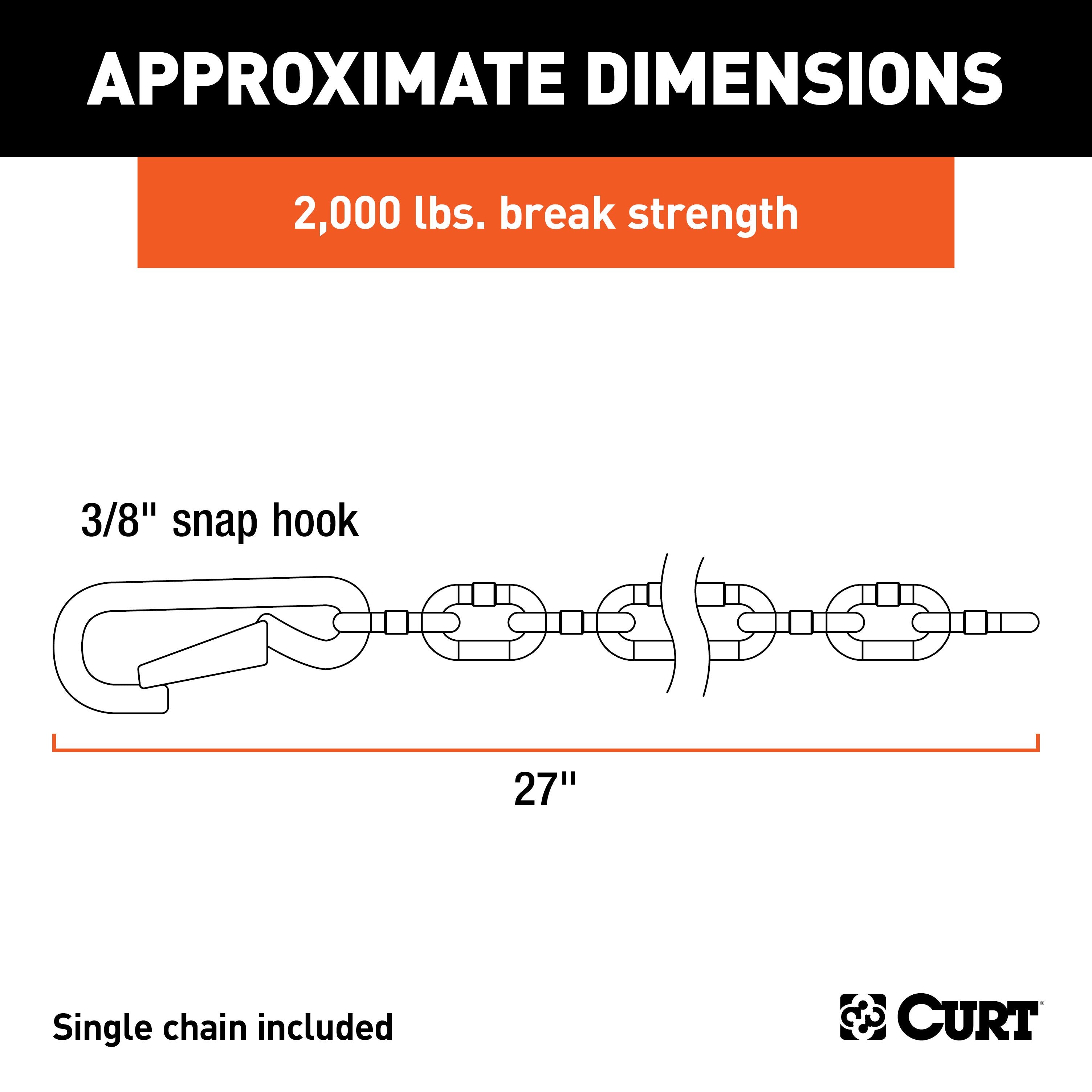 CURT 27-Inch Trailer Safety Chain with 3/8-In Snap Hook, 2,000 lbs Break Strength Model 80312