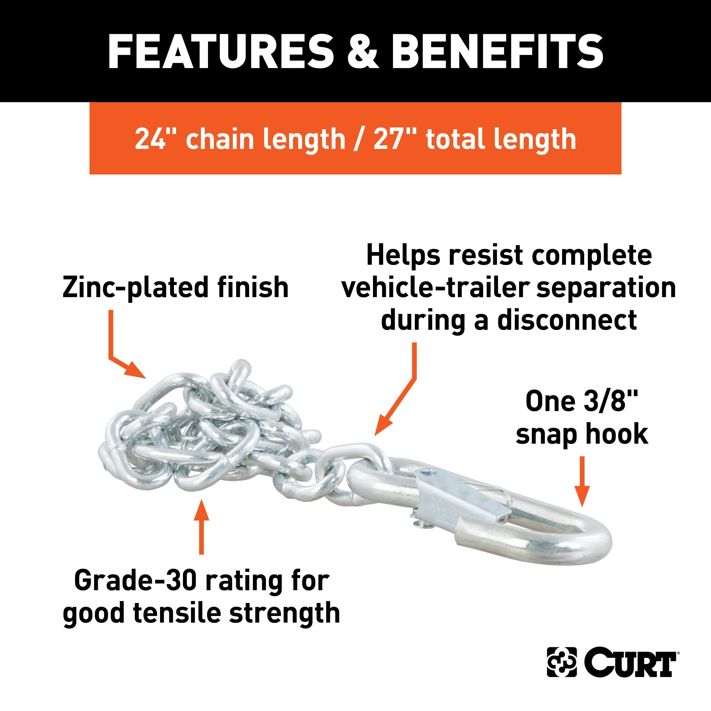 CURT 27-Inch Trailer Safety Chain with 3/8-In Snap Hook, 2,000 lbs Break Strength Model 80312